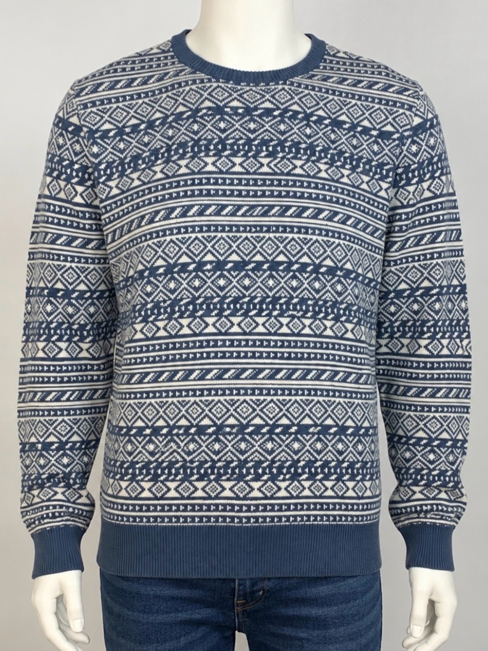 On The Byas Men’s XL Blue White Fair Isle Nordic Crew Neck Knit Sweater Pullover